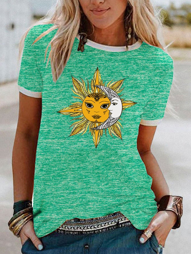 wish Sun Moon Pattern Printed Short-sleeved T-shirt for Women - Image 1