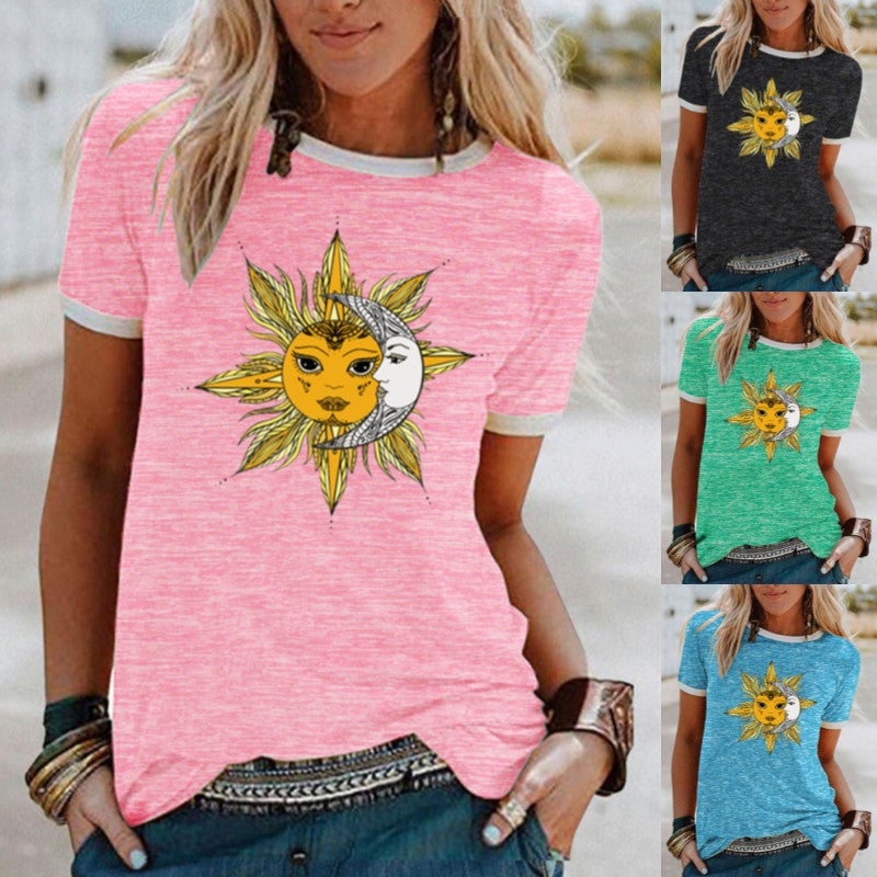wish Sun Moon Pattern Printed Short-sleeved T-shirt for Women - Image 2