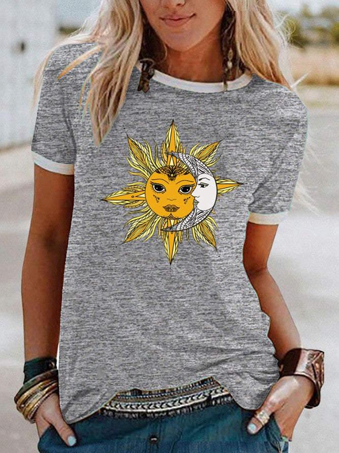 wish Sun Moon Pattern Printed Short-sleeved T-shirt for Women - Image 4