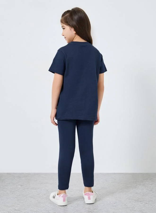 Styli Girls Navy Blue Oversized T-Shirt and Legging Set