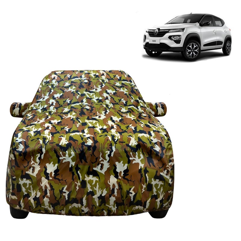 VYAS 100% Waterproof Car Body Cover for Renault Kwid (2015-2025) with Mirror Pocket Triple Stitched Belt & Buckle Fitting Dual Elastic, Durable Material Jungle Print Camouflage Design - Image 1