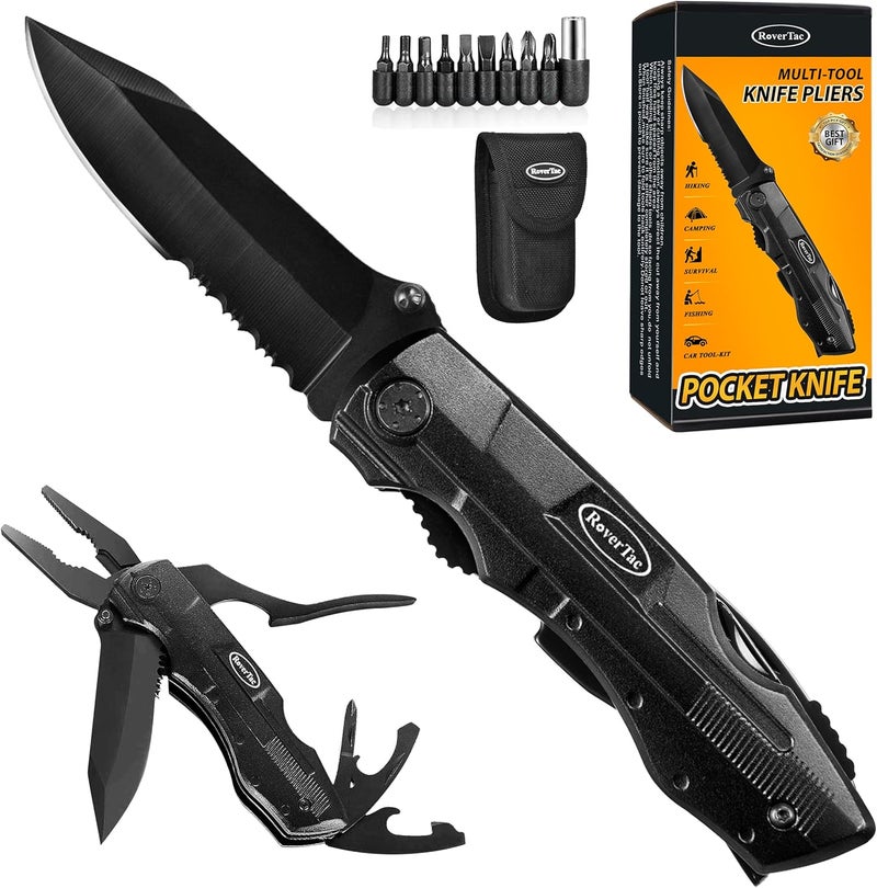 RoverTac Pocket Knife, 15-in-1 Multitool with Pliers, Bottle & Can Opener, 9 Screwdriver Bits, Locking Mechanism & Nylon Sheath - EDC Multi Tool for Camping, Hiking & DIY, Gift for Men & Dad - Image 1
