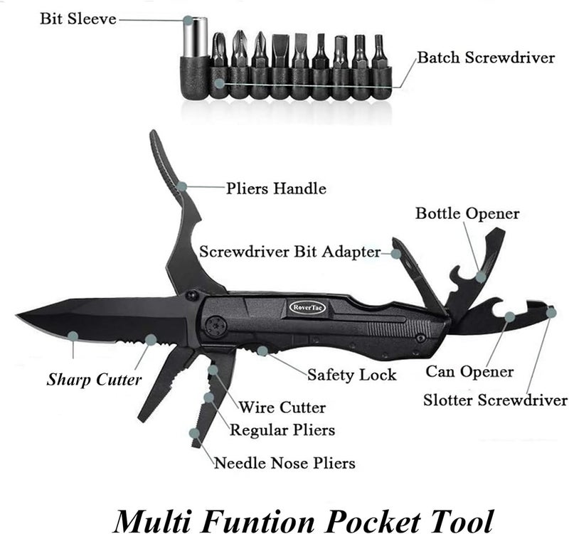 RoverTac Pocket Knife, 15-in-1 Multitool with Pliers, Bottle & Can Opener, 9 Screwdriver Bits, Locking Mechanism & Nylon Sheath - EDC Multi Tool for Camping, Hiking & DIY, Gift for Men & Dad - Image 2