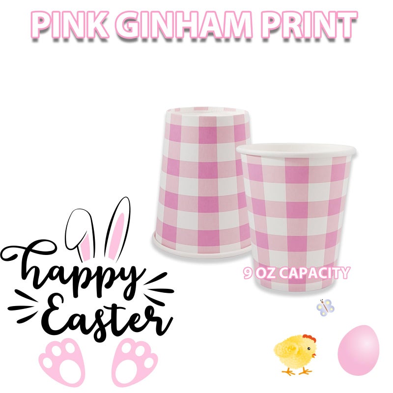 EaciTown Pink Paper Cups Pink Gingham Party Supplies Easter Day Pink Coffee Cups Disposable Valentines'day Beverage Cups (30) - Image 3