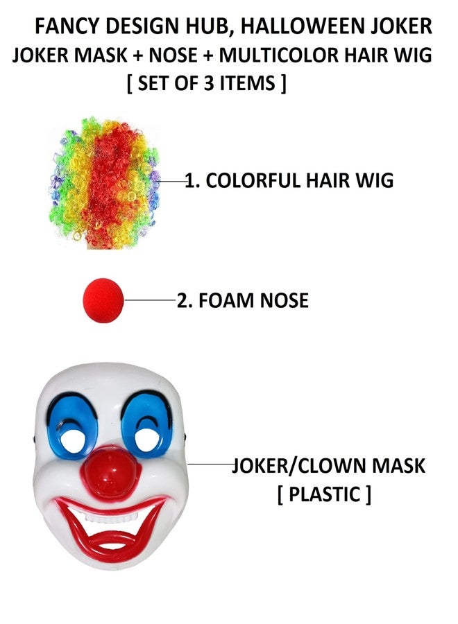 Fancy Design Hub, Halloween, Mask+ Nose + Multicolor Wig for, Boys & Girls, Halloween, Set of 3 Items,Fancy Dresses. (Joker Mask + Nose + Hair Wig) - Image 2