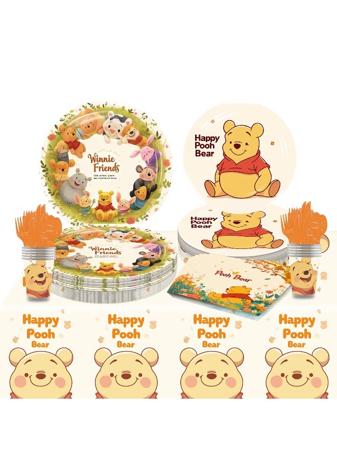Winnie Birthday Decorations Plates Set, 81PCS Classic Pooh Happy Birthday Plates Cups Napkins Cutlery for 10 Guests - Image 1