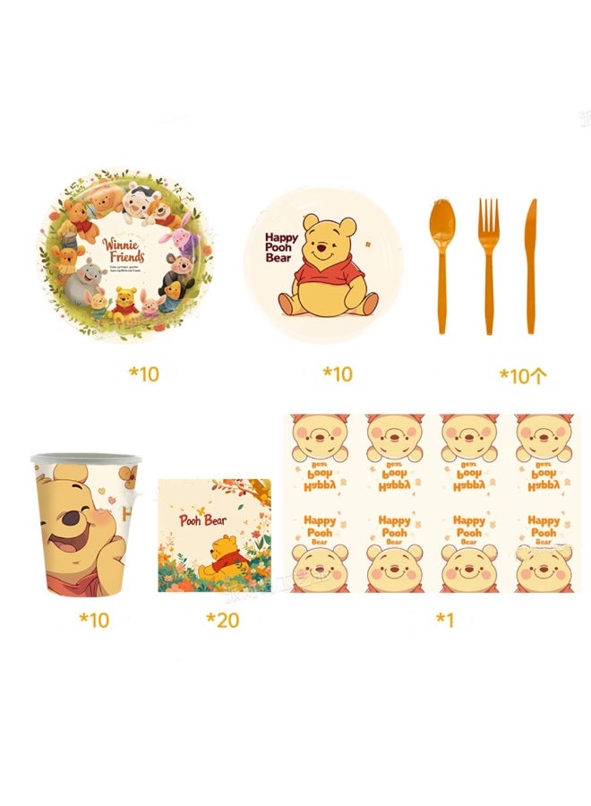 Winnie Birthday Decorations Plates Set, 81PCS Classic Pooh Happy Birthday Plates Cups Napkins Cutlery for 10 Guests - Image 2
