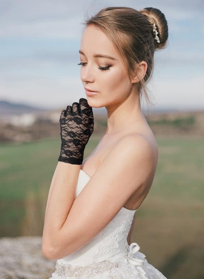 Yanwenx Ladies Floral Lace Gloves Vintage Opera Gloves, Women Short Elegant Lace Gloves for Women Ladies and Girls Evening Wedding_Black - Image 3