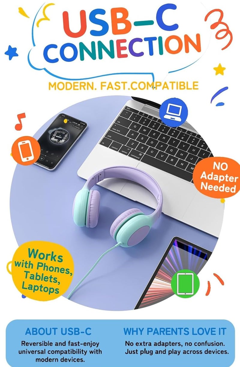 ADOOPE Wired Kids Headphones with USB C Plug, 85dB Volume Limiting Safe Hearing Protection, Adjustable Headband, Tangle-Free Cord Headphones for School, Tablet, Travel(Gradient Purple) - Image 5