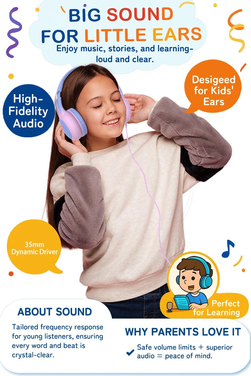 ADOOPE Wired Kids Headphones with USB C Plug, 85dB Volume Limiting Safe Hearing Protection, Adjustable Headband, Tangle-Free Cord Headphones for School, Tablet, Travel(Gradient Purple) - Image 2