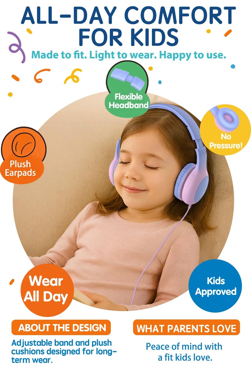 ADOOPE Wired Kids Headphones with USB C Plug, 85dB Volume Limiting Safe Hearing Protection, Adjustable Headband, Tangle-Free Cord Headphones for School, Tablet, Travel(Gradient Purple) - Image 3