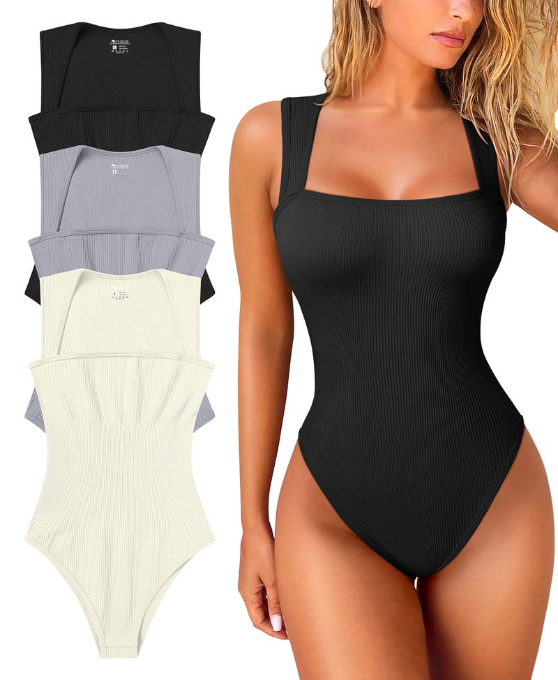 OQQ Women's 3 Piece Bodysuits Sexy Ribbed Strappy Square Neck Sleeveless Tummy Control Tank Tops Bodysuits Black Grey Beige - Image 1