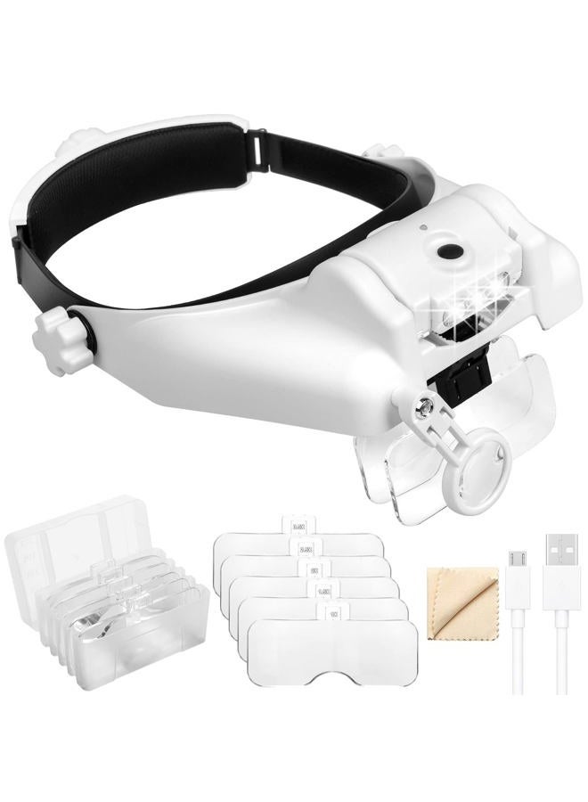 Linkhood Headband Magnifier Glasses, 1X to 14X Rechargeable Head Magnifier with LED Light, Handsfree Head Mount Magnifying Glass with 6 Detachable Lens for Close Work Reading Jewelry Crafts Repair - Image 1