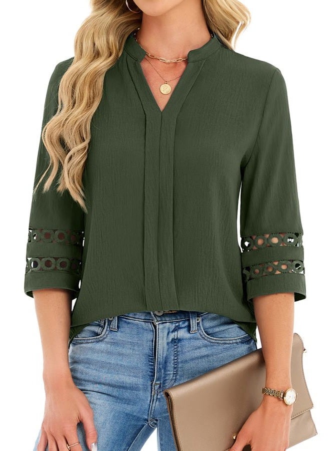 Funlingo 3/4 Length Sleeve Womens Tops V Neck Dressy Casual Blouses Lace Tunic Pleated Shirts Business Casual Outfits 2026, Army Green, L - Image 1