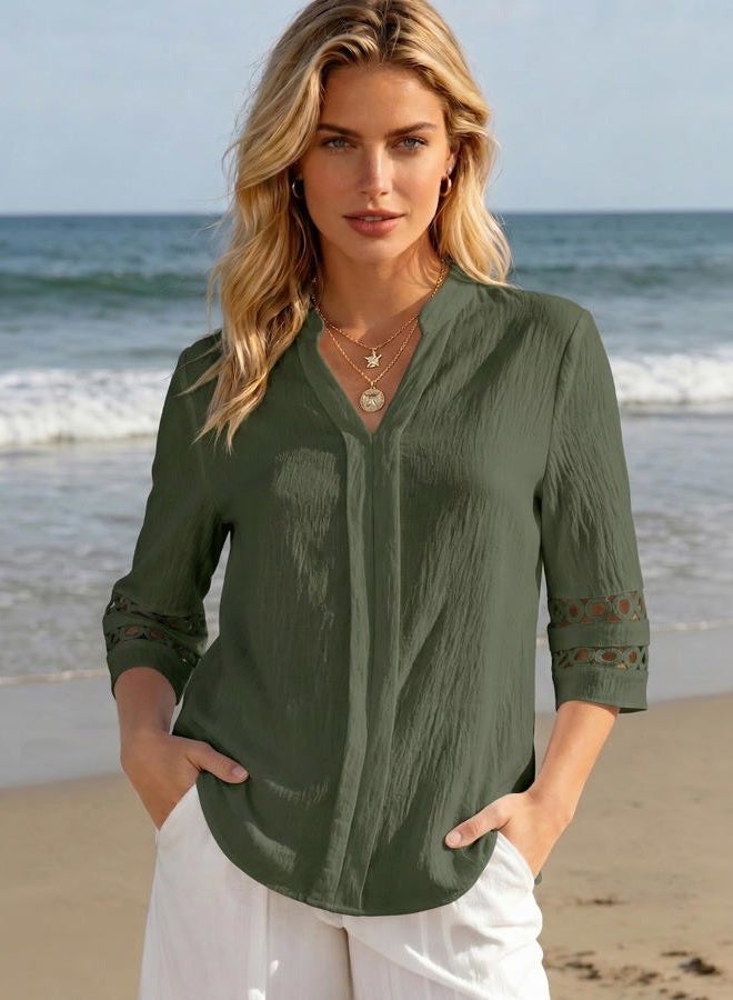 Funlingo 3/4 Length Sleeve Womens Tops V Neck Dressy Casual Blouses Lace Tunic Pleated Shirts Business Casual Outfits 2026, Army Green, L - Image 2
