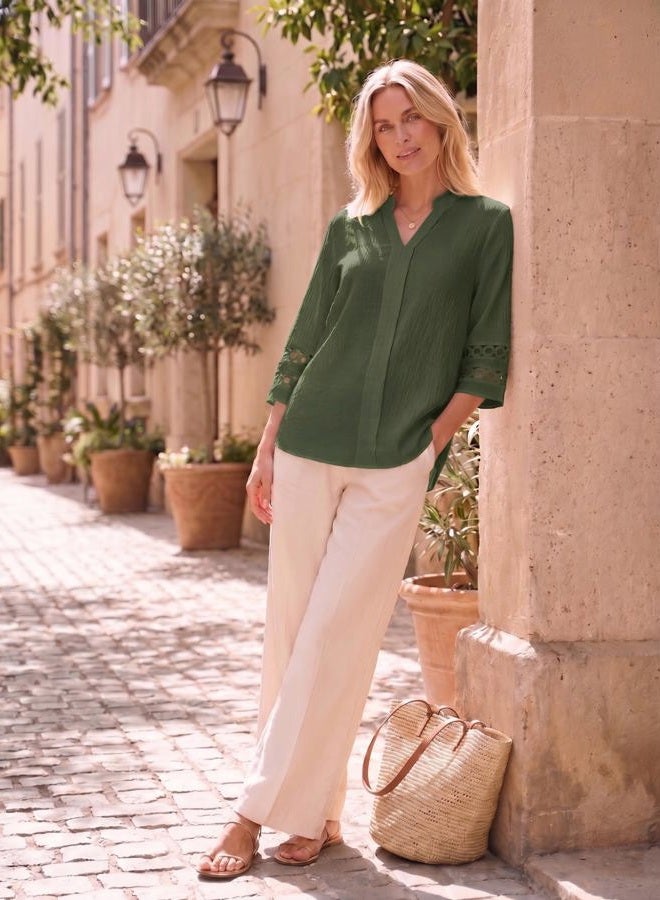 Funlingo 3/4 Length Sleeve Womens Tops V Neck Dressy Casual Blouses Lace Tunic Pleated Shirts Business Casual Outfits 2026, Army Green, L - Image 5