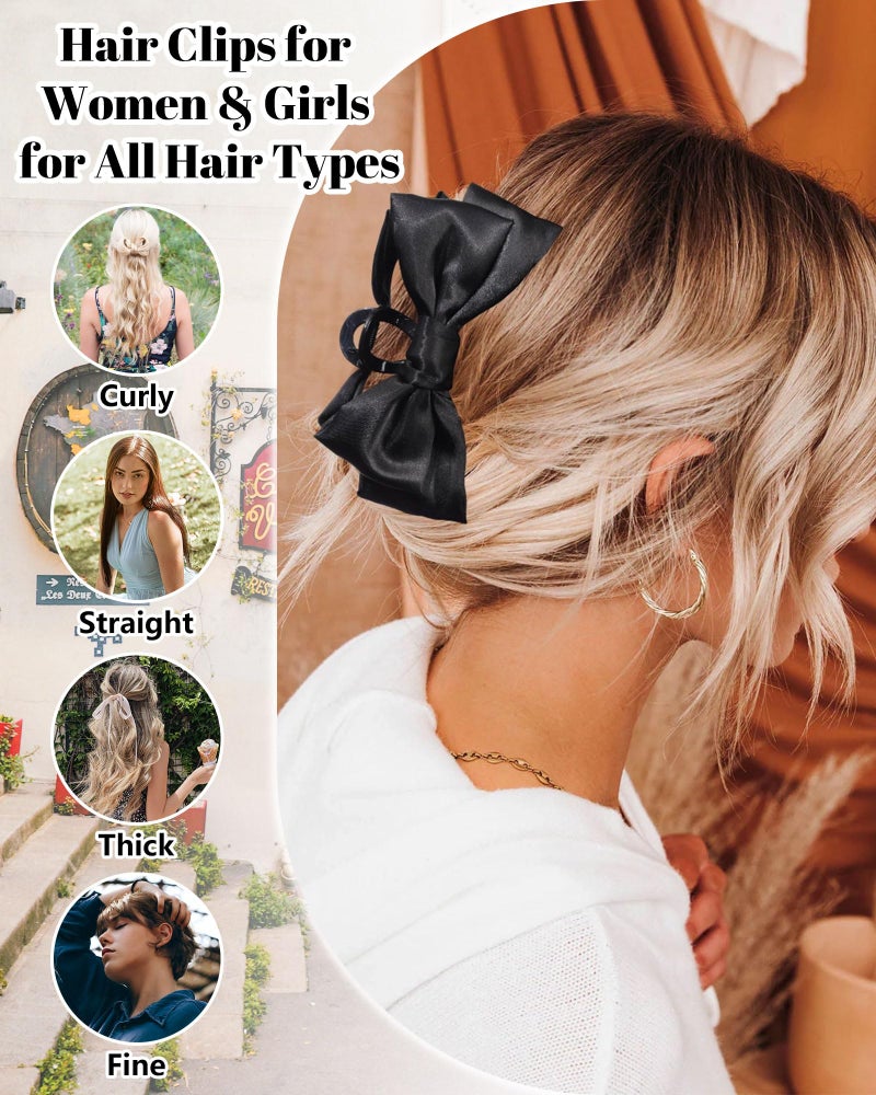 CHLINS 3 Count Bow Claw Clip - Bow Clips for Women in Satin, Nonslip Claw Clips for Thick Thin Hair, Hair Accessory in Black, White, Pink - Image 3