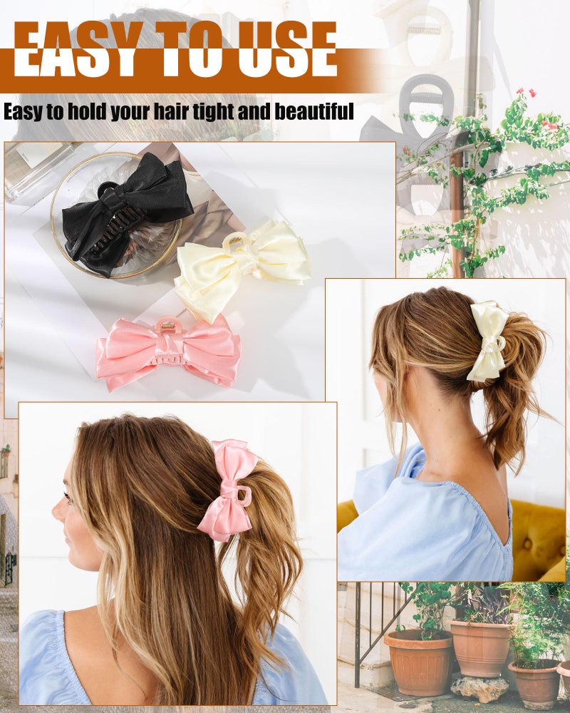 CHLINS 3 Count Bow Claw Clip - Bow Clips for Women in Satin, Nonslip Claw Clips for Thick Thin Hair, Hair Accessory in Black, White, Pink - Image 4