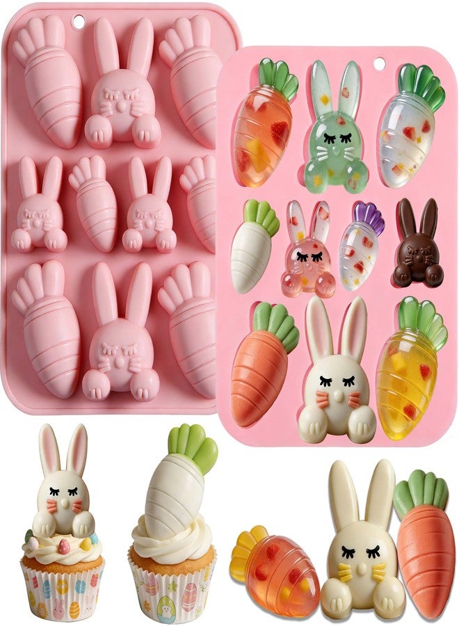 Wavlakth 2 Pack Easter Silicone Chocolate Mold, 20 Cavities Easter Bunny Carrot Candy Molds Rabbit Gummy Mould Carrot Ice Cube Tray for Easter Chocolate Jello Baking Bath Bombs Resin Candle Soap Cupcake Topper - Image 1