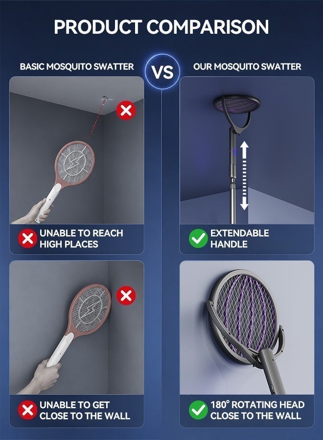 Yaqeen Mosquito Racket 4 in 1 Mosquito killer Electric Bat with Extendable Handle and 180° Rotating Head, Rechargeable Fly Swatter with UV Mosquito Trap 2800V Instant Kill, Type C Bug Zapper with 5 Layer Safety Mesh for Indoor Outdoor Use - Image 2