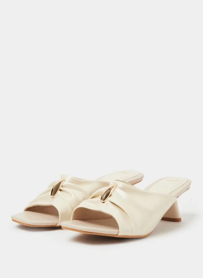 Styli Beige Pleated Mid-Heel Mules with Gold Trim