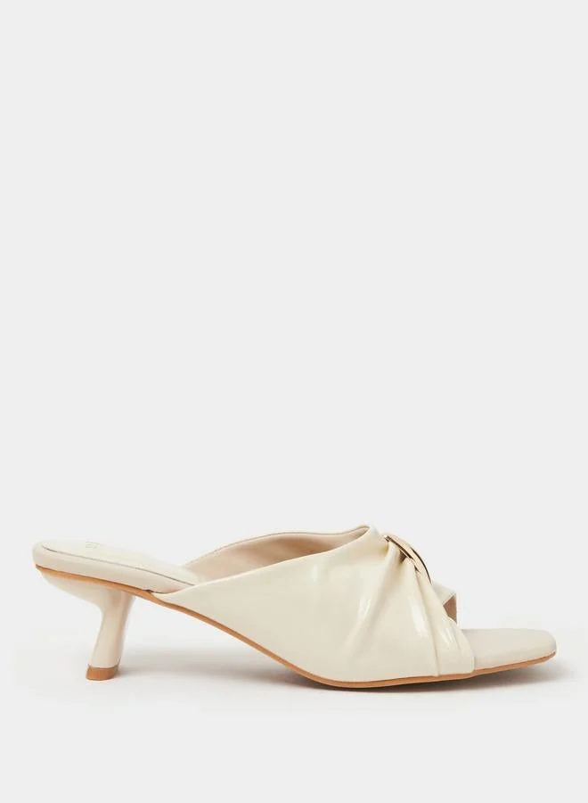 Styli Beige Pleated Mid-Heel Mules with Gold Trim