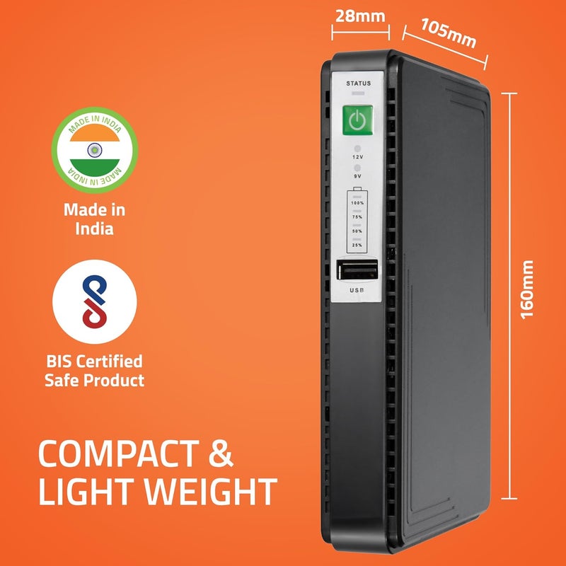 Artis AR-MINIDC-3 UPS صغير لجهاز التوجيه/المودم/أجهزة صندوق الاستقبال 8800mAh بطارية. يدعم 9V/12V-1A/1.5A/2A/2.5A و 3A أجهزة التوجيه. شحن هاتف عبر منفذ USB. مؤشر مستوى البطارية. معتمد من BIS. - Image 4