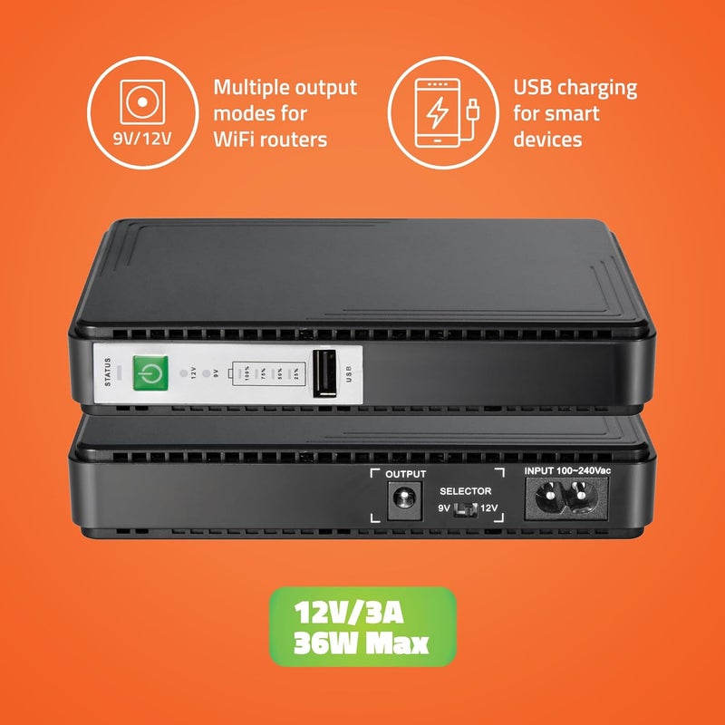 Artis AR-MINIDC-3 UPS صغير لجهاز التوجيه/المودم/أجهزة صندوق الاستقبال 8800mAh بطارية. يدعم 9V/12V-1A/1.5A/2A/2.5A و 3A أجهزة التوجيه. شحن هاتف عبر منفذ USB. مؤشر مستوى البطارية. معتمد من BIS. - Image 2