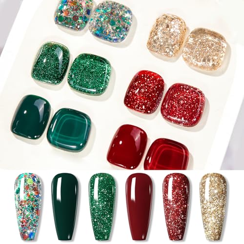 BORN PRETTY Gel Nail Polish Set 6 ColorsSpring Summer Green Red Gold Glitter Colos Gel Polish Kit Nail Art Manicure Design DIY Home Salon Collection Gift