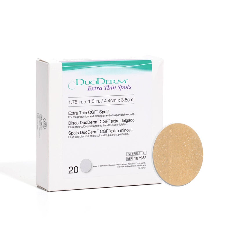 ConvaTec DuoDERM Extra Thin Control Gel Formula 1.75"x1.5" Hydrocolloid Sterile Adhesive Dressing for Superficial Wounds, Low Friction, Flexible, Latex-Free, Waterproof, Spot, Beige, 20ct Box - Image 1