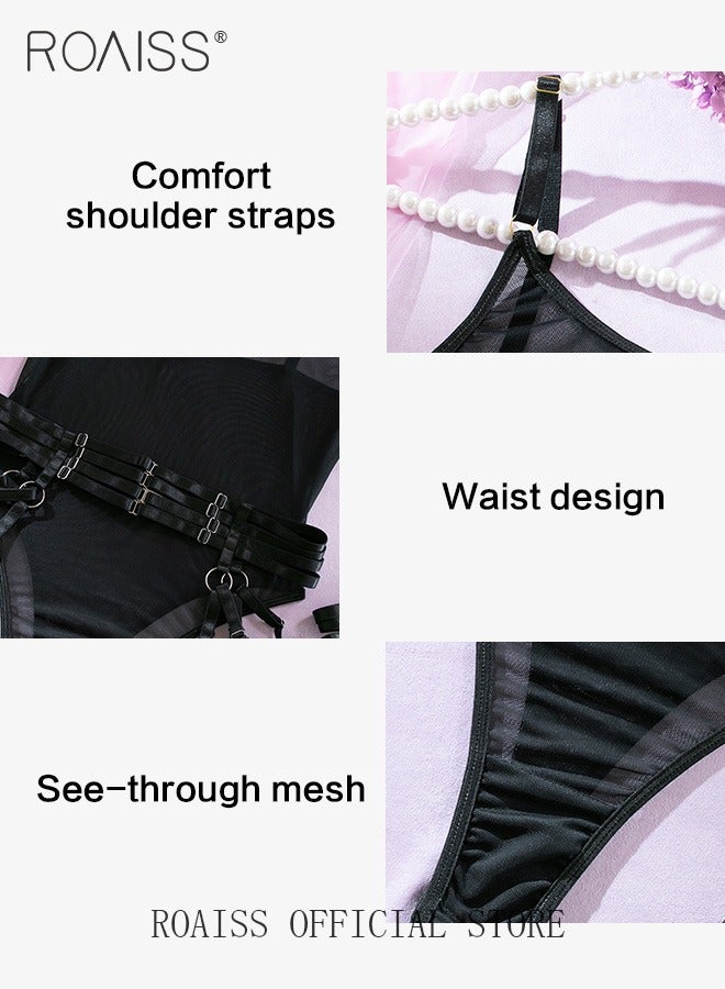 roaiss Mesh Yarn Corset Lingerie Set for Women Straps Splicing Tie up Underwear Suit with Garters Tighten Waist Belt for Ladies Girls Breathable and Skin Friendly Slim Fit Bodysuit  - Image 2
