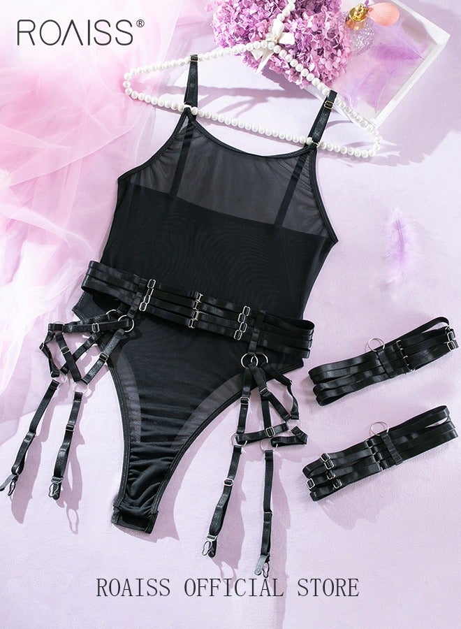 roaiss Mesh Yarn Corset Lingerie Set for Women Straps Splicing Tie up Underwear Suit with Garters Tighten Waist Belt for Ladies Girls Breathable and Skin Friendly Slim Fit Bodysuit  - Image 1