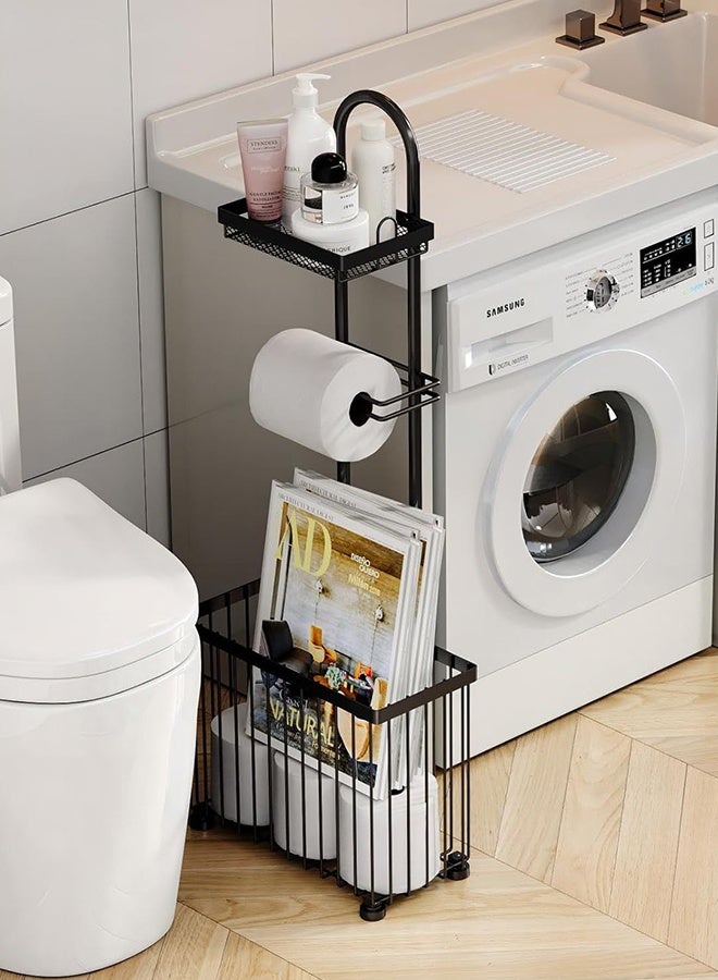 فورثكان حامل مناديل الحمام متعدد الوظائف مع رف تخزين، منظم ورق التواليت مع رف علوي لوضع الهاتف أو الإكسسوارات، تصميم معدني متين لتخزين مناديل إضافية للحمام - Image 4