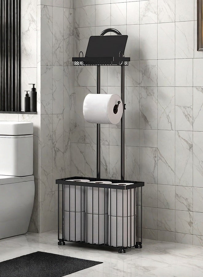 فورثكان حامل مناديل الحمام متعدد الوظائف مع رف تخزين، منظم ورق التواليت مع رف علوي لوضع الهاتف أو الإكسسوارات، تصميم معدني متين لتخزين مناديل إضافية للحمام - Image 5