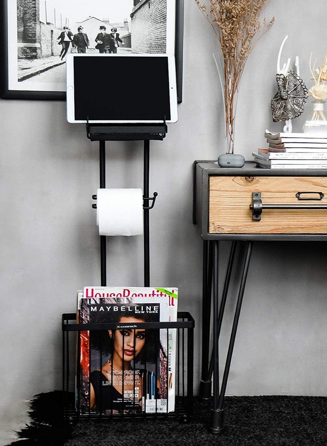 فورثكان حامل مناديل الحمام متعدد الوظائف مع رف تخزين، منظم ورق التواليت مع رف علوي لوضع الهاتف أو الإكسسوارات، تصميم معدني متين لتخزين مناديل إضافية للحمام - Image 3