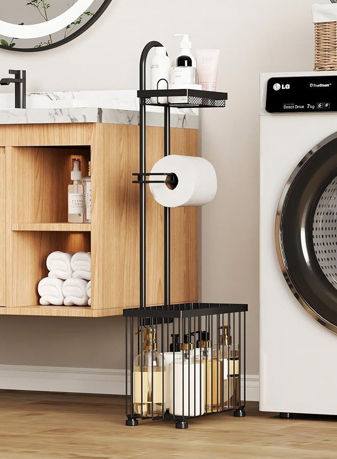 فورثكان حامل مناديل الحمام متعدد الوظائف مع رف تخزين، منظم ورق التواليت مع رف علوي لوضع الهاتف أو الإكسسوارات، تصميم معدني متين لتخزين مناديل إضافية للحمام - Image 1