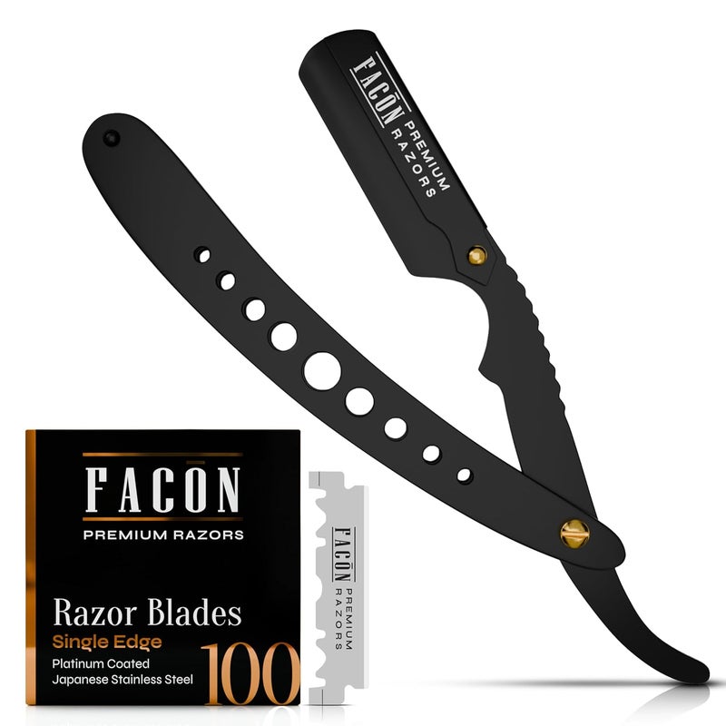FACON شفرة فاكُون المستقيمة للرجال - مجموعة شفرات حلاقة مستقيمة احترافية مع 100 شفرة، ماكينة حلاقة باربيرو من الفولاذ المقاوم للصدأ الكلاسيكي لحلاقة سلسة ودقيقة، ماكينة حلاقة باربير متميزة لحلاقة الرجال - Image 1