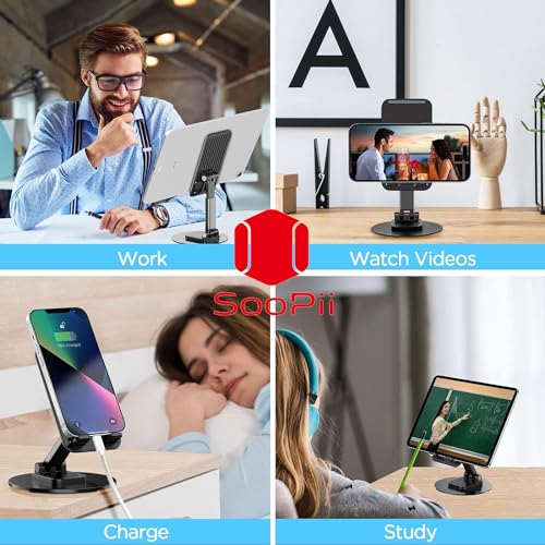 SOOPII Desktop Premium-A Quality Rotatable Cell Phone Stand Holder for Desk Foldable iPhone Stand for Desk Height Adjustable Phone Holder Portable Desktop Stand for All Mobile Phone & Tablet 4-10'' - Image 3