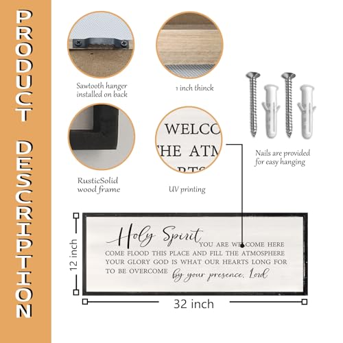 RLWangChao Holy Spirit You are Welcome Here Wall Decor Art 32x12 Inch Large Christian Song Bible Verse Plaque Wood Framed Sign Living Room Scripture Quote Religious For Office Wall Hanging Black - Image 3