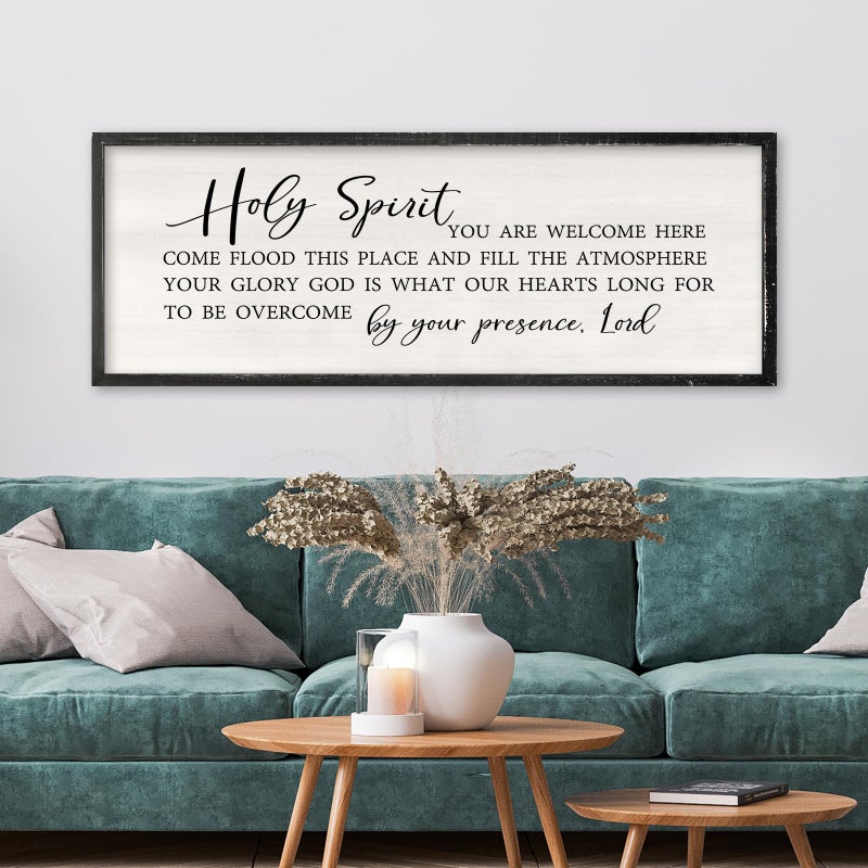 RLWangChao Holy Spirit You are Welcome Here Wall Decor Art 32x12 Inch Large Christian Song Bible Verse Plaque Wood Framed Sign Living Room Scripture Quote Religious For Office Wall Hanging Black - Image 2