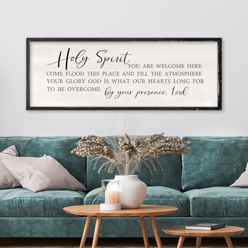 RLWangChao Holy Spirit You are Welcome Here Wall Decor Art 32x12 Inch Large Christian Song Bible Verse Plaque Wood Framed Sign Living Room Scripture Quote Religious For Office Wall Hanging Black - Image 1