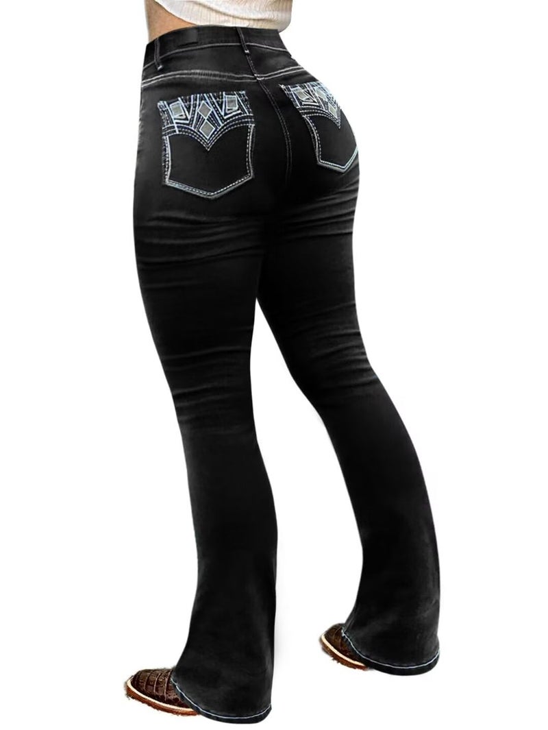 Flamingals Butt Lifting Bootcut Jeans Stretchy Casual Fall Winter Trendy Flare Leg Jeans for Women Ink Black L - Image 1