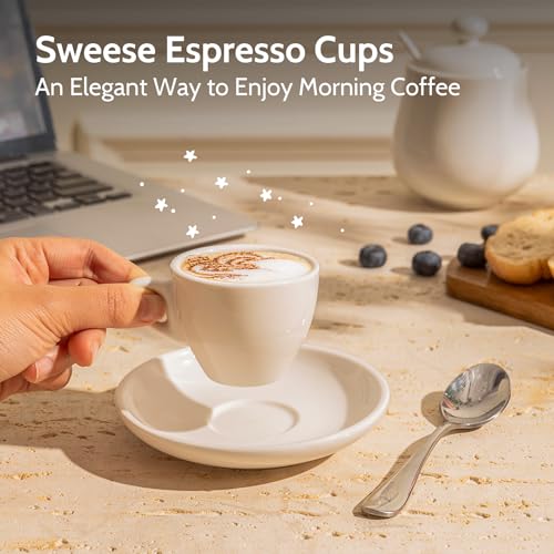 Sweese 2 Ounce Espresso Cups with Saucers, Porcelain Espresso Cups Set of 6 - White - Image 5