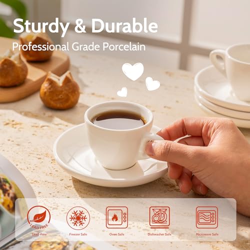 Sweese 2 Ounce Espresso Cups with Saucers, Porcelain Espresso Cups Set of 6 - White - Image 4