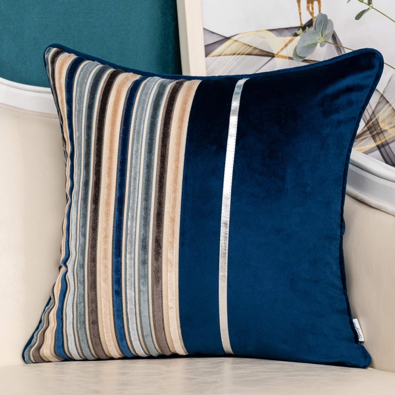 Yangest Navy Blue Striped Patchwork Throw Pillow Cover Silver Leather Cushion Cover Zippered Pillowcase for Sofa Couch Bedroom Living Room Home Decoration18x18 Inch