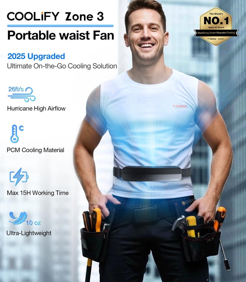 TORRAS 2025 Top Portable Waist Fan COOLiFY Zone 3, Ultra-Light Personal Wearable Belt Fan, 26ft/s Strongest Wind for Full Body Cooling【No.1 Cooling Area & Cool Tech】 Rechargeable for Outdoor/Jobsite - Image 2