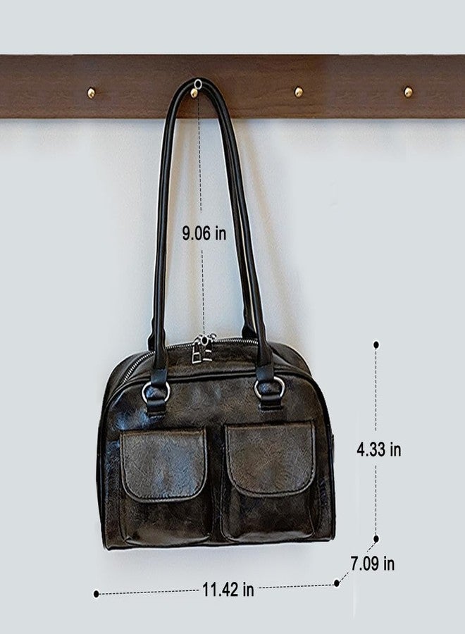 JienClound Vintage Style Shoulder Bag, Double Front Pocket Handbag, PU Leather Purse for Women (Black) - Image 2