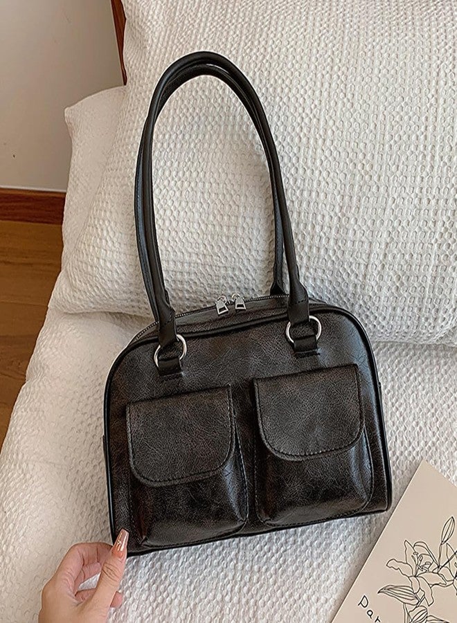 JienClound Vintage Style Shoulder Bag, Double Front Pocket Handbag, PU Leather Purse for Women (Black) - Image 5