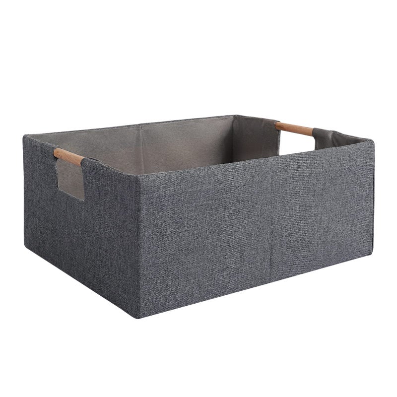 LaMore Fabric Storage Bin Box Foldable Cotton Linen Storage Basket with Wooden Handles Rectangular Cube Decorative Home Laundry Organizer Clothes Blanket Container  Gray Large