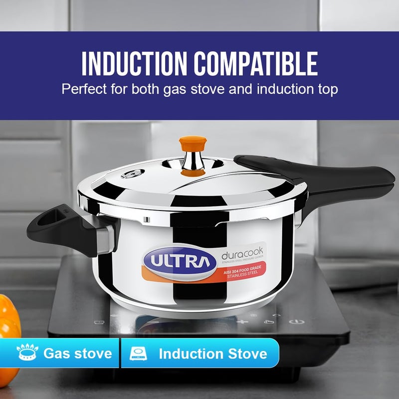 Ultra Duracook Pressure Cooker 4.5 Litre | Aisi 304 Food Grade Stainless Steel Cooker With10 Years Warranty | High Impact 3-Layer Composite Base | Spillage Control | Sturdy Bakelite Handle - Image 2